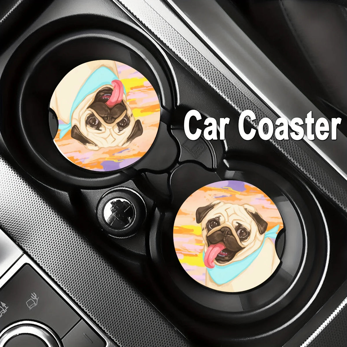 2-Pack Pug Dog Absorbent Cup Holder Coasters – Auto & Home Cup Holder Coasters HIP