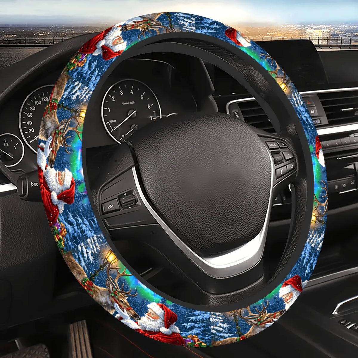 Christmas Neoprene Steering Wheel Cover – Santa & Reindeer Steering Wheel Cover HIP black