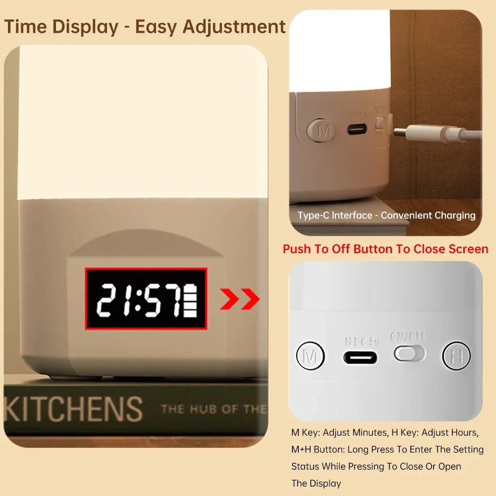 Rechargeable LED Night Light 1200Mah With Clock Remote Control Stepless Dimming Bedside Lamp For Bedroom Kids Gift HIP