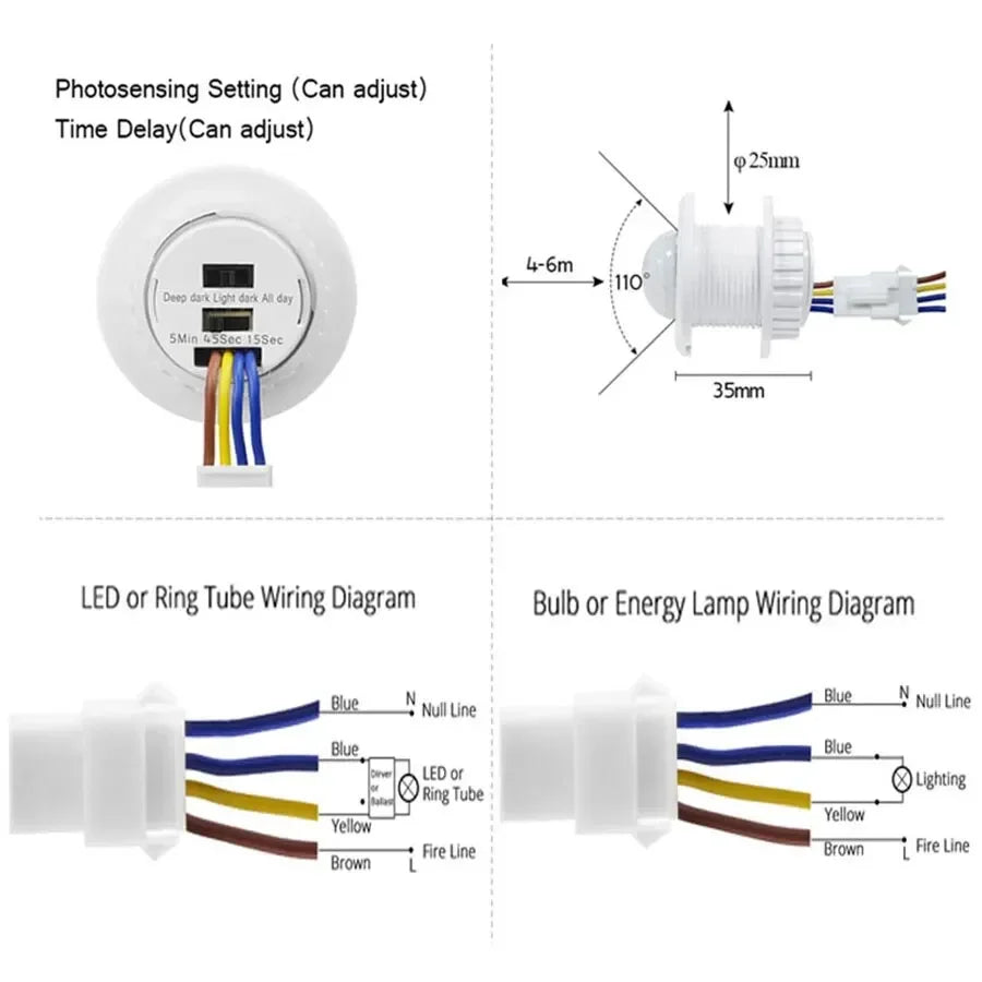 Infrared Movement Detector Adjustable Smart Time Delay PIR Motion Sensor Switch For LED Light Bulb Downlight Fan Lamp AC85-265V HIP