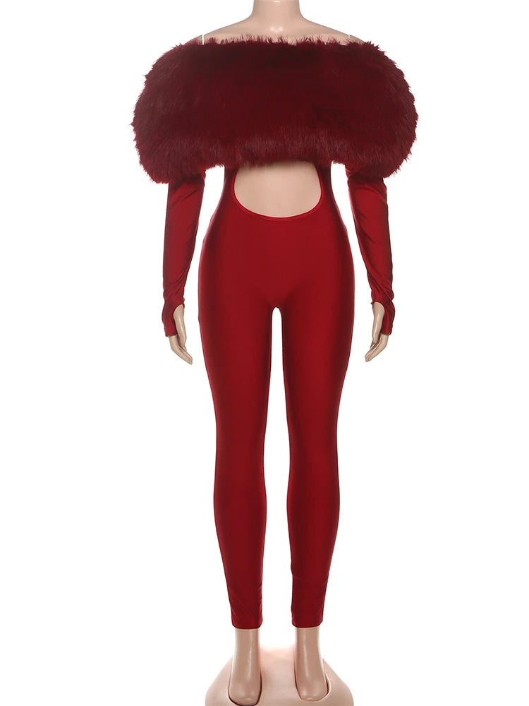 Sisterlinda Furry Slash Neck Jumpsuit – Sexy Club Overalls Women's Jumpsuit HIP