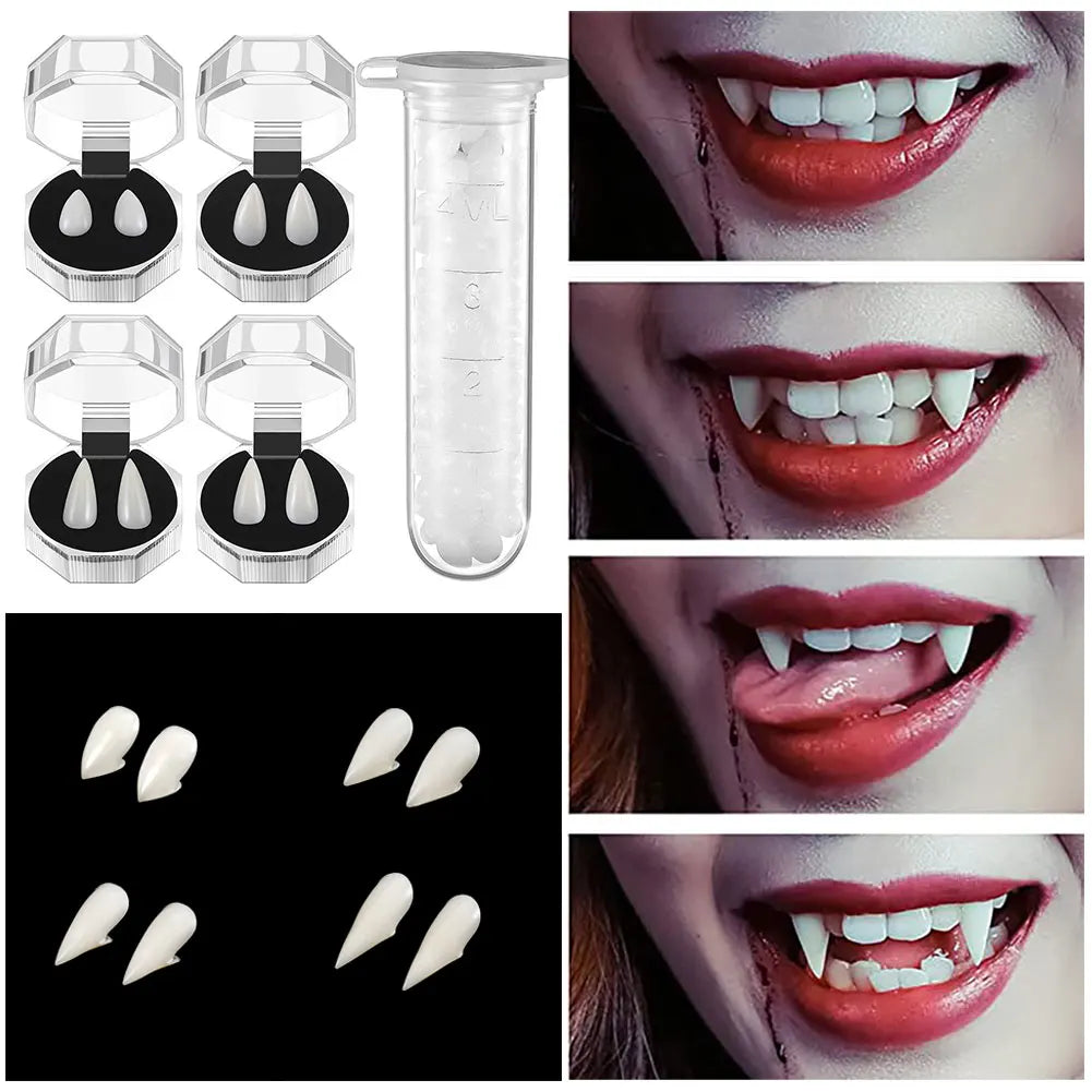1 Pair Vampire Teeth Fangs Dentures Props Halloween Costume Props False Teeth Solid Glue Denture Adhesive Halloween Party Decor HIP