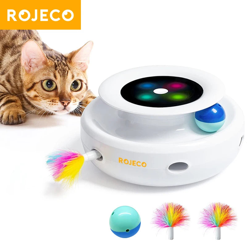 ROJECO 2 In 1 Interactive Electronic Pet Toys Smart Rolling Ball For Cats Rechargeable Feather Duster Cat Toys With Replacement HIP