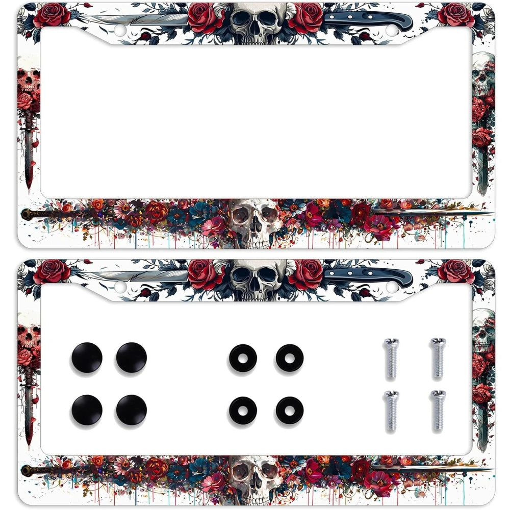 Skull & Rose Stainless Steel License Plate Frame – Gothic Car License Plate Frame HIP