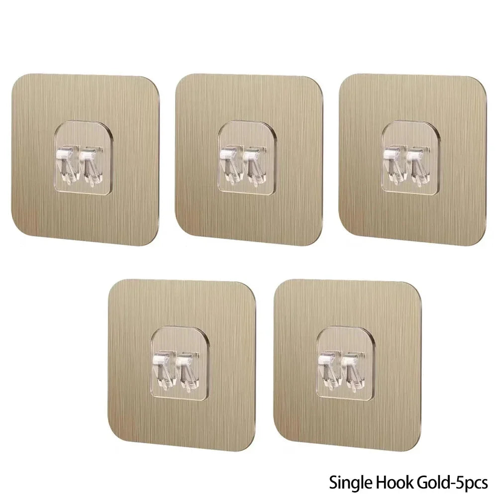 5pcs Wall Adhesive Hooks Transparent Wire Shelf Rack Hook Wall Mount Free Punch Kitchen Bathroom Non Trace Stickers Holder HIP 5pcs-Single Gold
