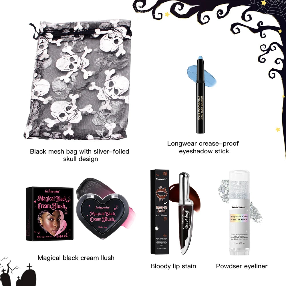4pcs Halloween Gothic Makeup Set Lip Stain Dark Blush Blue Eyeshadow Stick Glitter Stick Eyeshadow Waterproof Cosplay Makeup HIP