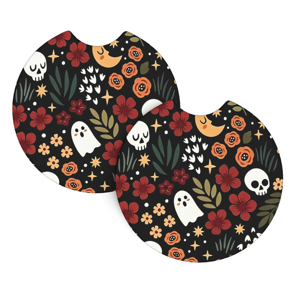 2-Pc Skull & Floral Car Cup Holder Coasters – Black Car Cup Coasters HIP 1 Cork ceramics