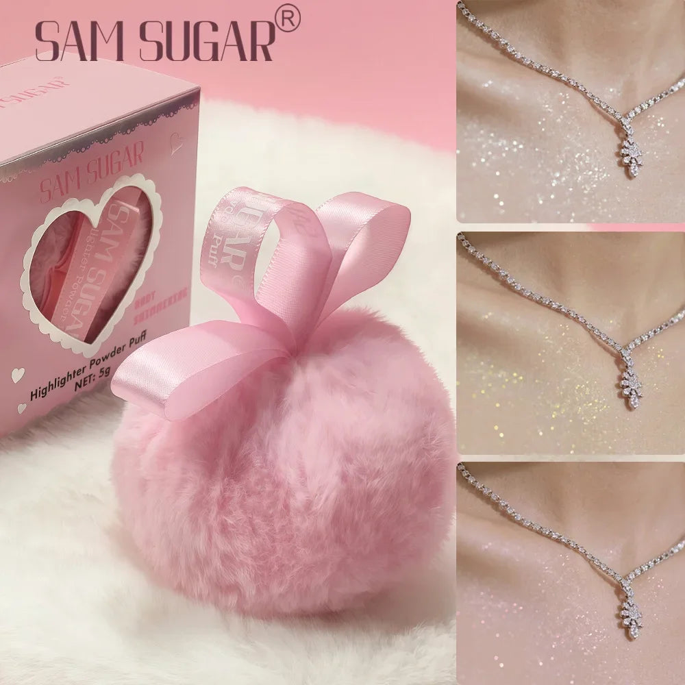 SAM SUGAR Pink Peach Shimmer Highlighter Powder Puff | Face & Body Shimmer Highlighter Powder HIP