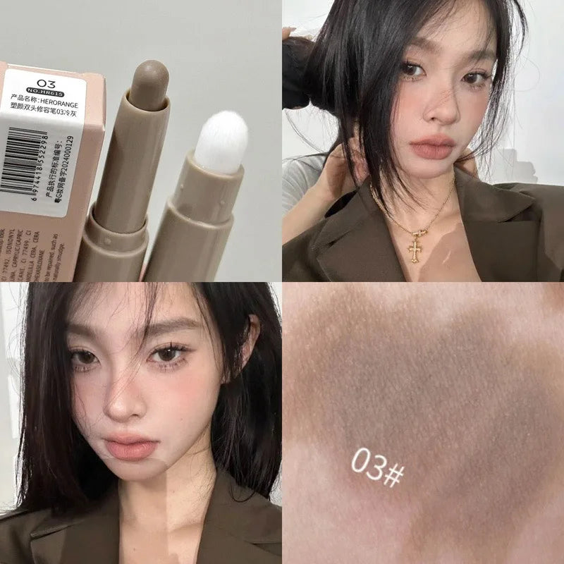 Double Head Contour Stick Bronzer with Brush Face Nose Shadow Cream Contour Pen Waterproof Lasting Contouring Makeup Cosmetics HIP 03