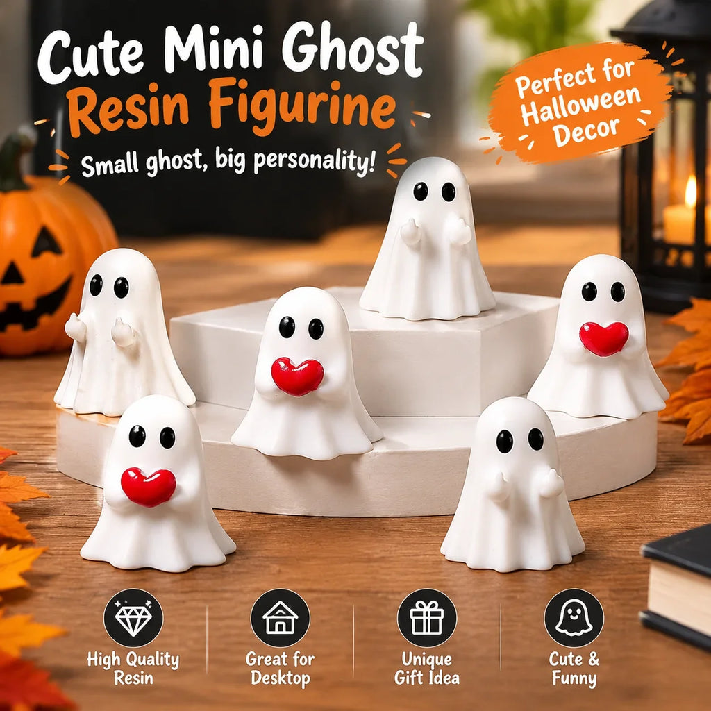 Cute Funny Mini Ghost Resin Figurine Middle Finger Ghost Halloween Desktop Party Ornament Heart Holding Ghost Statue Decoration HIP
