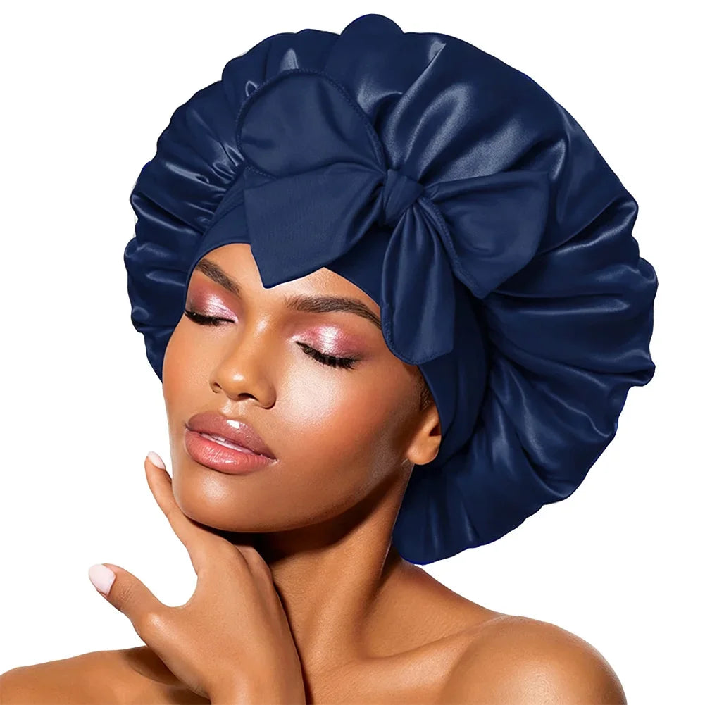 Universal Bathing Hair Head Cover Reusable Wide Brim Hair Protection Hat with Stretchy Tie Band Satin Sleeping Bonnet Shower Cap HIP