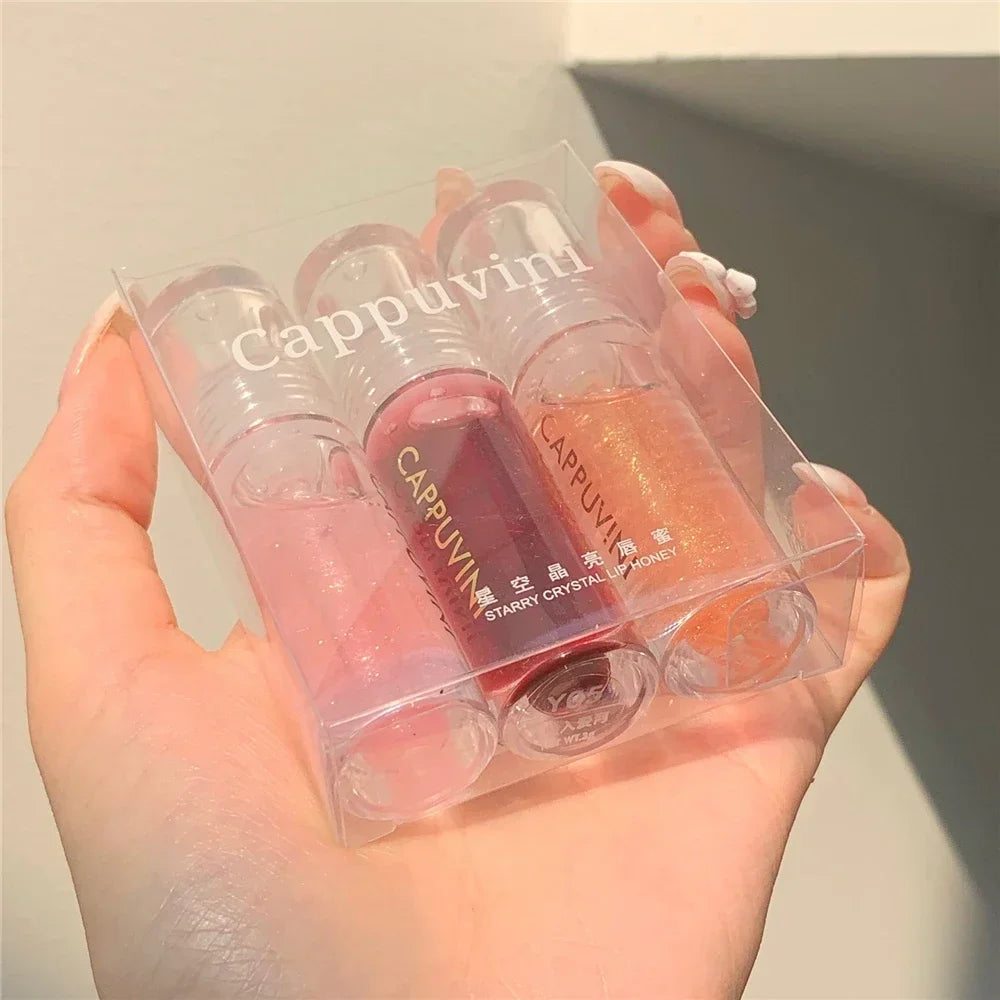 Transparent Crystal Jelly Lipgloss Shiny Clear Mirror Moisturizing Lip Balm Glitter Liquid Lipstick Lip Oil Fruit Taste Lip Tint HIP 3Pcs-A