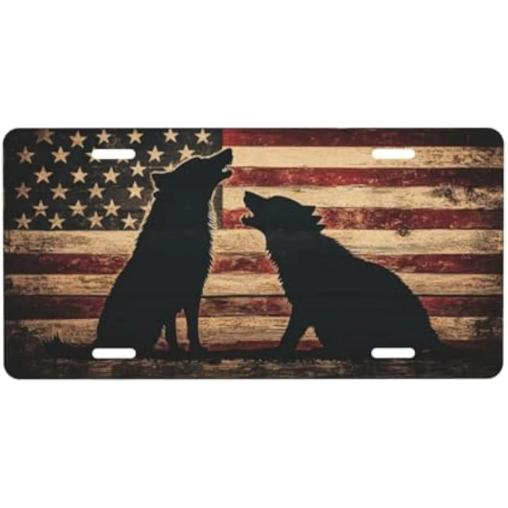Howling Wolves American Flag Aluminum License Plate – Vintage Wood Decorative License Plate HIP 1