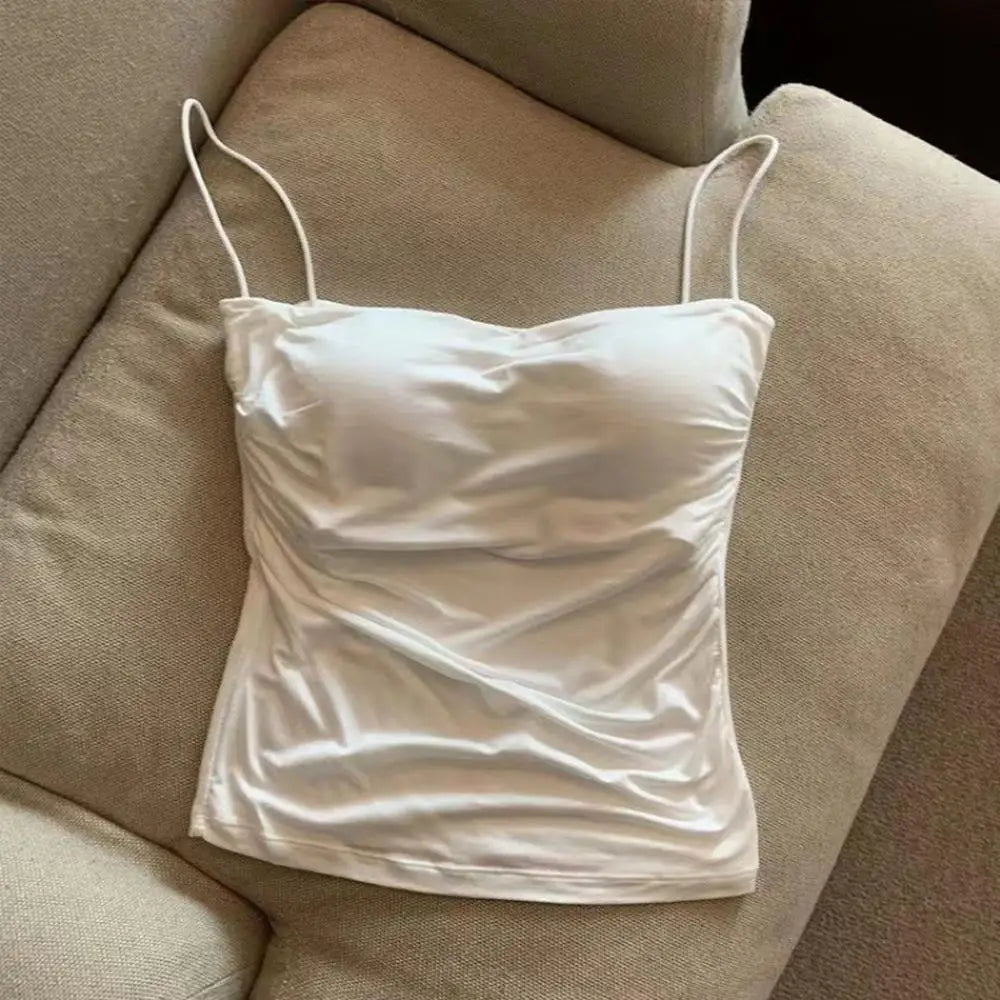 Y2K Sexy Tank Tops Women Spaghetti Strap Crop Top With Bra Bodycon Sleeveless Cami Tube Top Basic Camisole Tees Korean Clothes HIP WHITE One Size