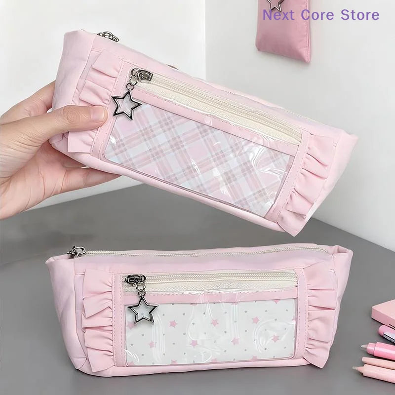 Large Lace Pencil Case – Dual Compartment Stationery Pen Bag Lace Pencil Case HIP