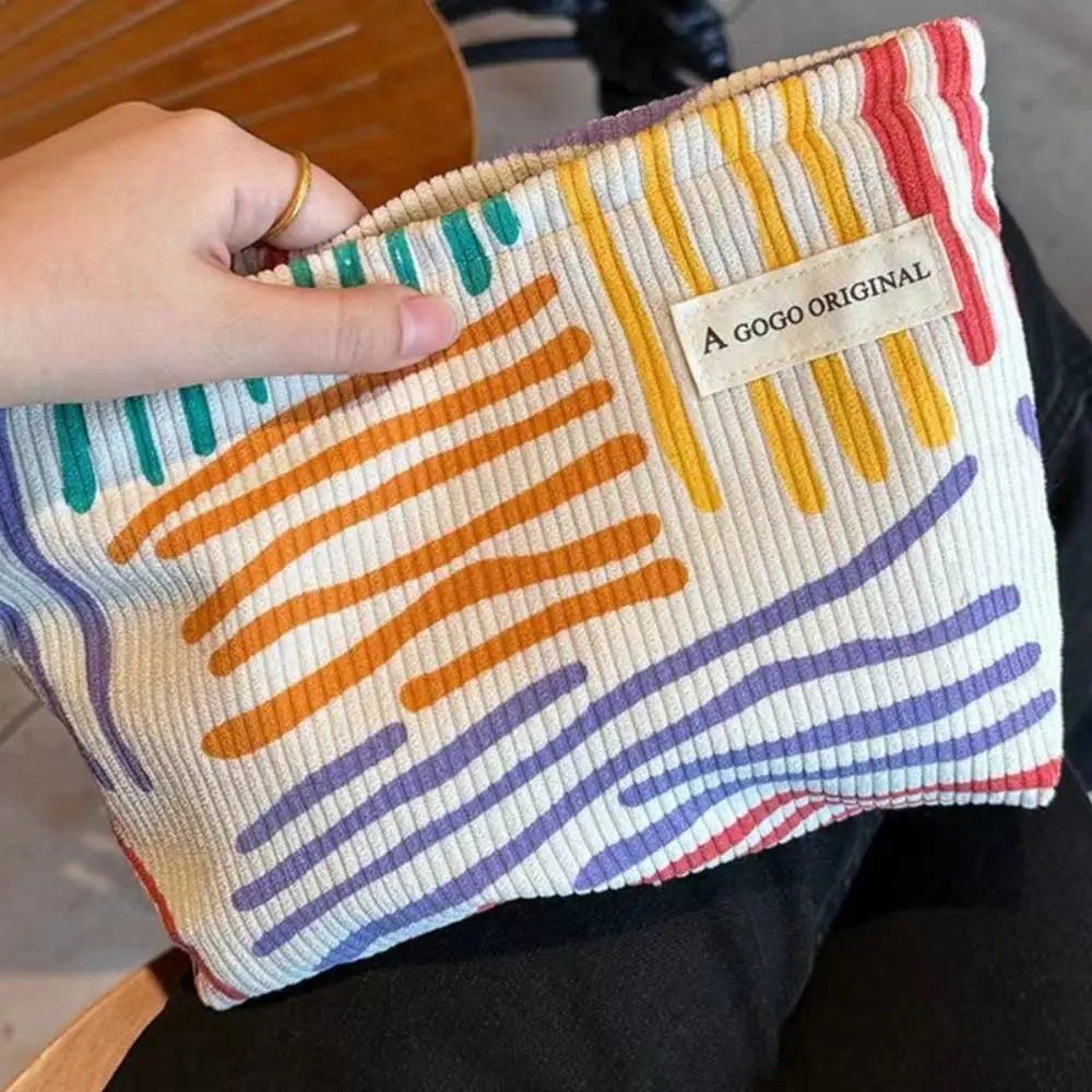 Corduroy Travel Makeup Bag – Striped Cosmetic Organizer Pouch Makeup Organizer Bag HIP