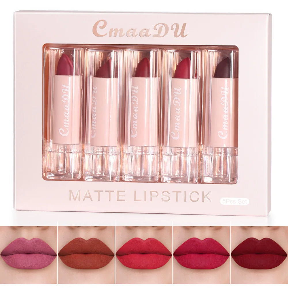 CmaaDu 5-Pc Velvet Matte Lipstick Set – Waterproof & Long Lasting Matte Lipstick Set HIP 01 Full Size