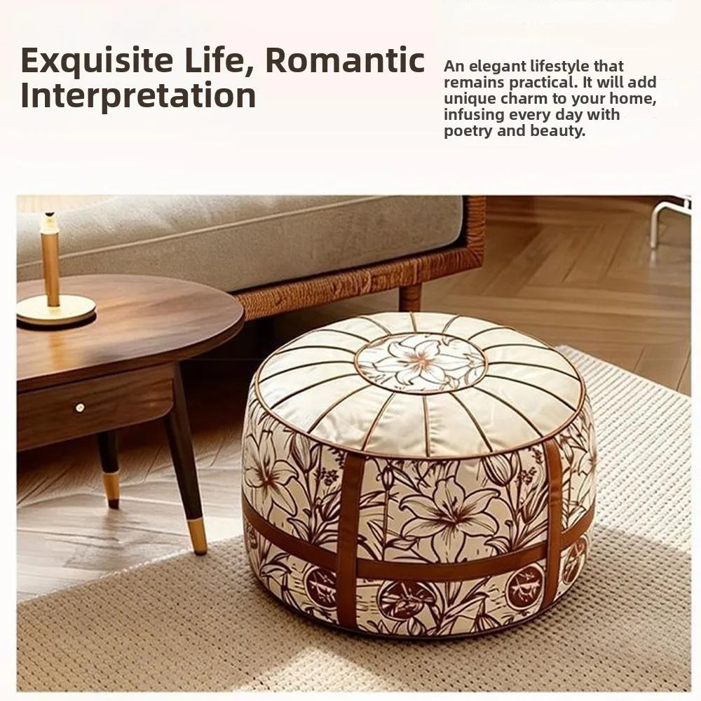 Boho PU Leather Storage Ottoman Pouf – Round Floor Seat Storage Ottoman Pouf HIP