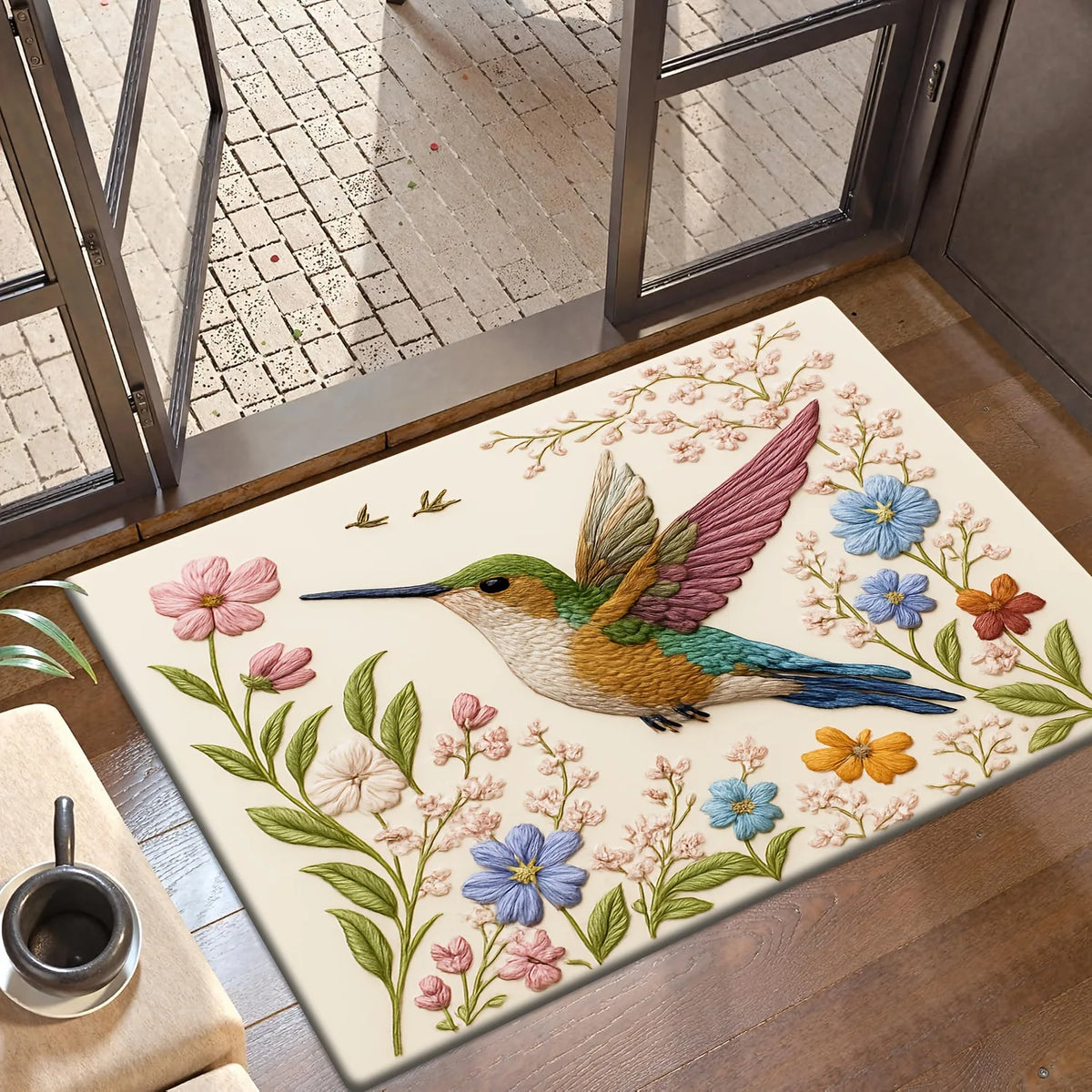 Vintage Hummingbird Doormat – 3D Floral Non-Slip Entryway Rug Non-Slip Floor Mat HIP 3 50x80cm-Felt