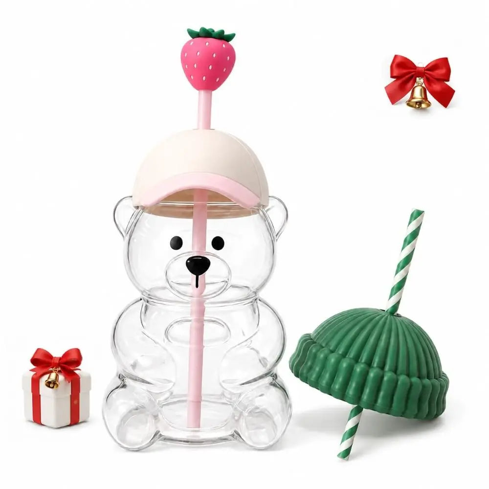 Cute Bear Straw Cup with Lid – 500ml Transparent Drink Cup Novelty Drinking Cup HIP