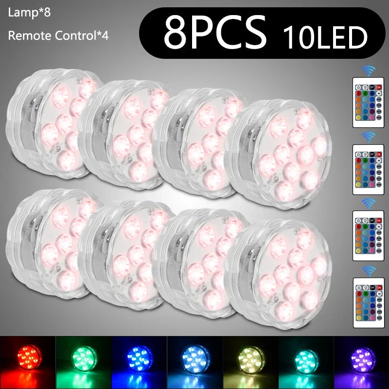 10Led RGB Dive Fish Light LED Underwater Lamp Remote Control Swimming Pool Light Portable Battery Operated For Vase Aquarium HIP Lamp 8 Controller 4 RGB Color