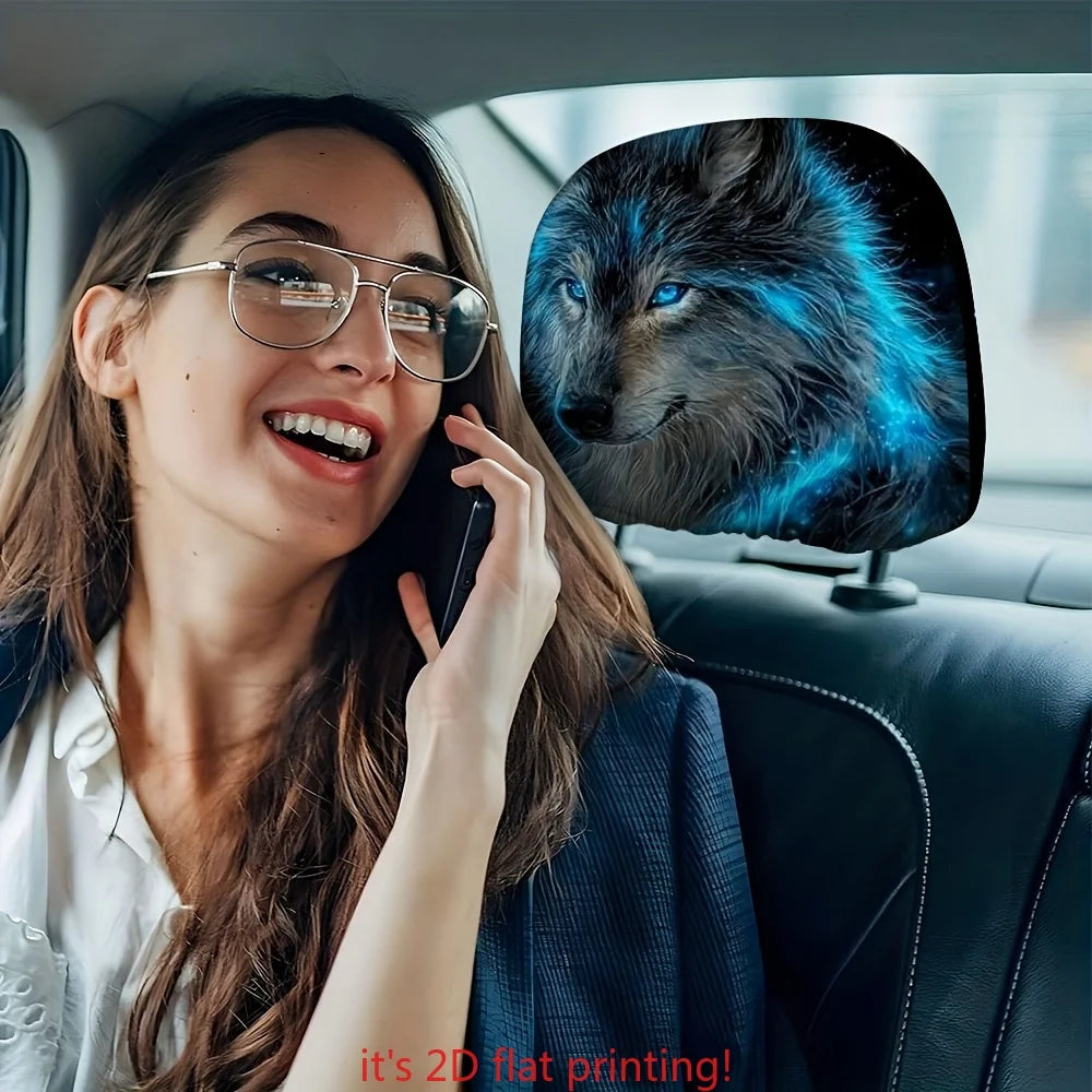 2-Pack Blue Wolf Print Car Headrest Covers – Universal Fit Car Headrest Covers HIP
