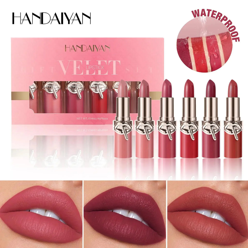 HANDAIYAN Velvet Matte Lipstick Set – 6 Shades, Long-Lasting Matte Lipstick Set HIP
