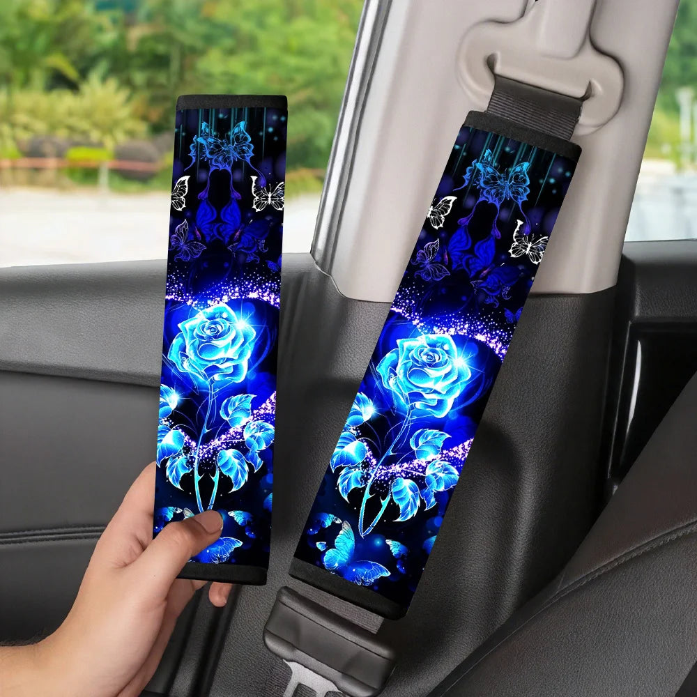 Blue Rose Butterfly Car Seat Belt Pads – Soft Shoulder Cover Seat Belt Cover HIP black
