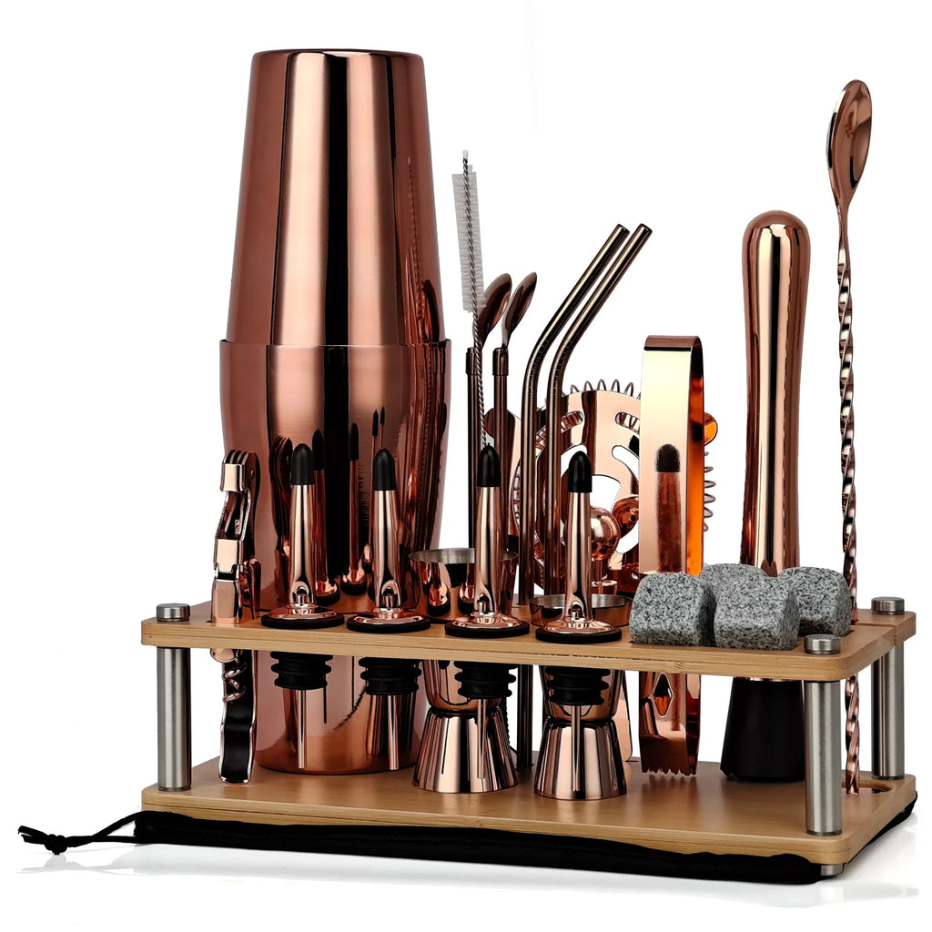 Cocktail Shaker Set with Wooden Stand Rack – Complete Barware Cocktail Shaker Set HIP