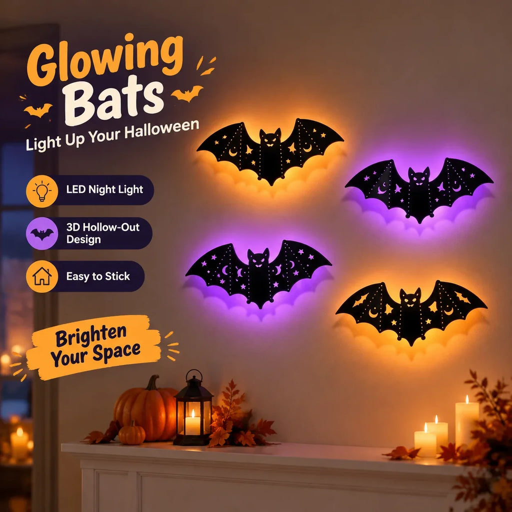 Universal Bat Wall Stickers with LED Night Light 8Pcs 3D Hollow-Out Glowing Bat Wall Sticker Halloween Party Festival Decoration HIP