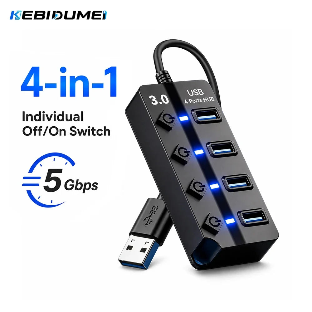 KEBIDUMEI 4-Port USB 3.0 Hub with Individual On/Off Switches USB Hub HIP