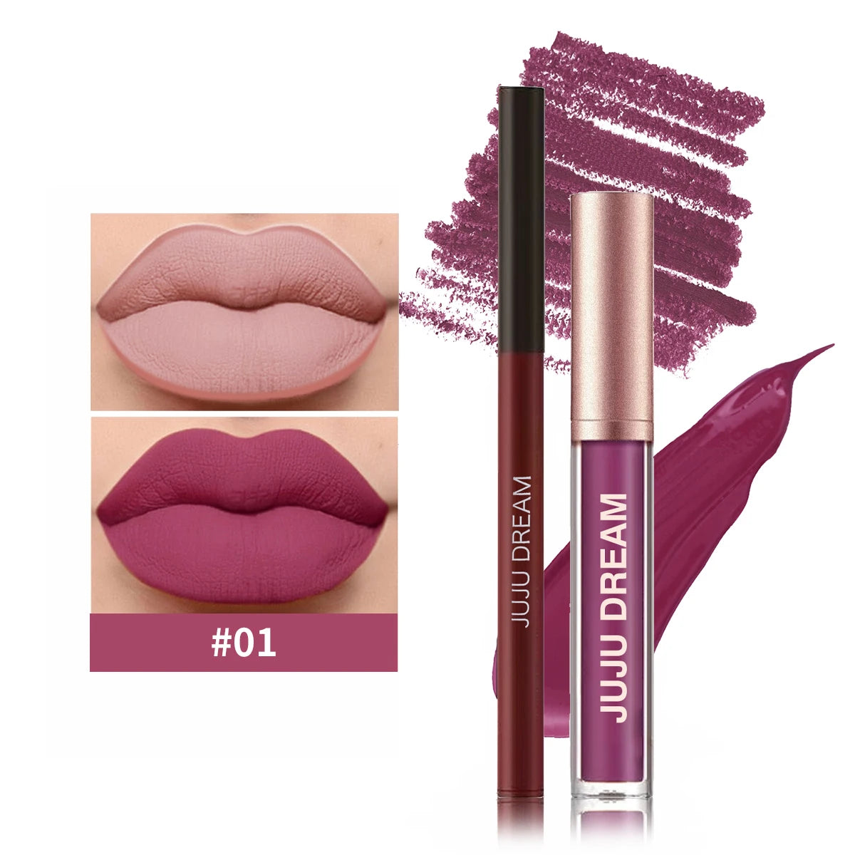 JUJU Dream Matte Lip Gloss & Lip Liner Set – Long-Lasting Lip Gloss & Liner Set HIP 01