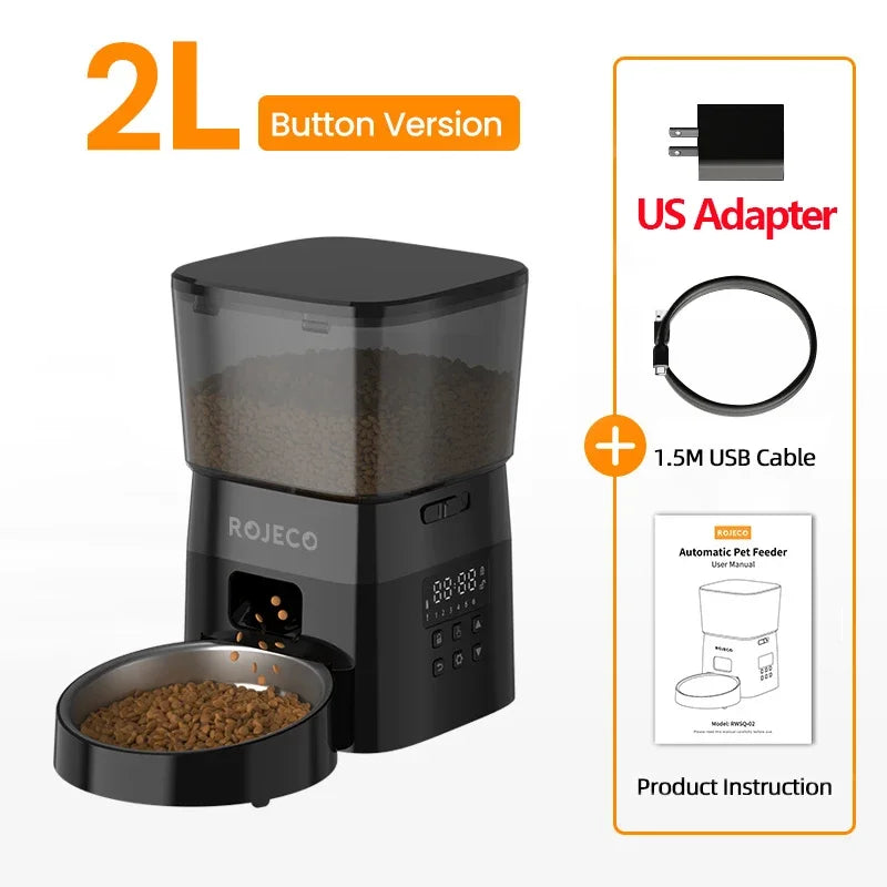 ROJECO Automatic Pet Feeder Button Version Auto Cat Food Dispenser Accessories Smart Control Pet Feeder For Cats Dog Dry Food HIP With US Plug 2L