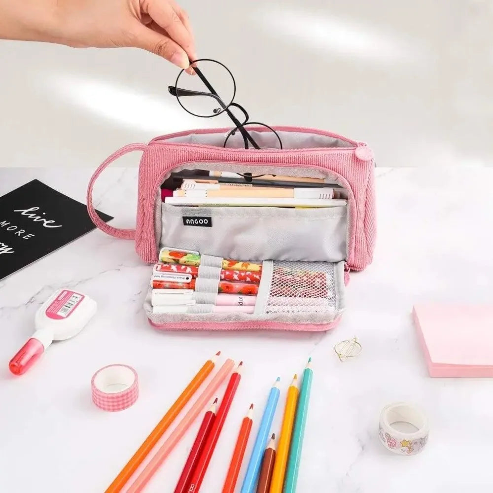Corduroy Pencil Case Large Capacity Double-Layer Pen Bag Pencil Case HIP