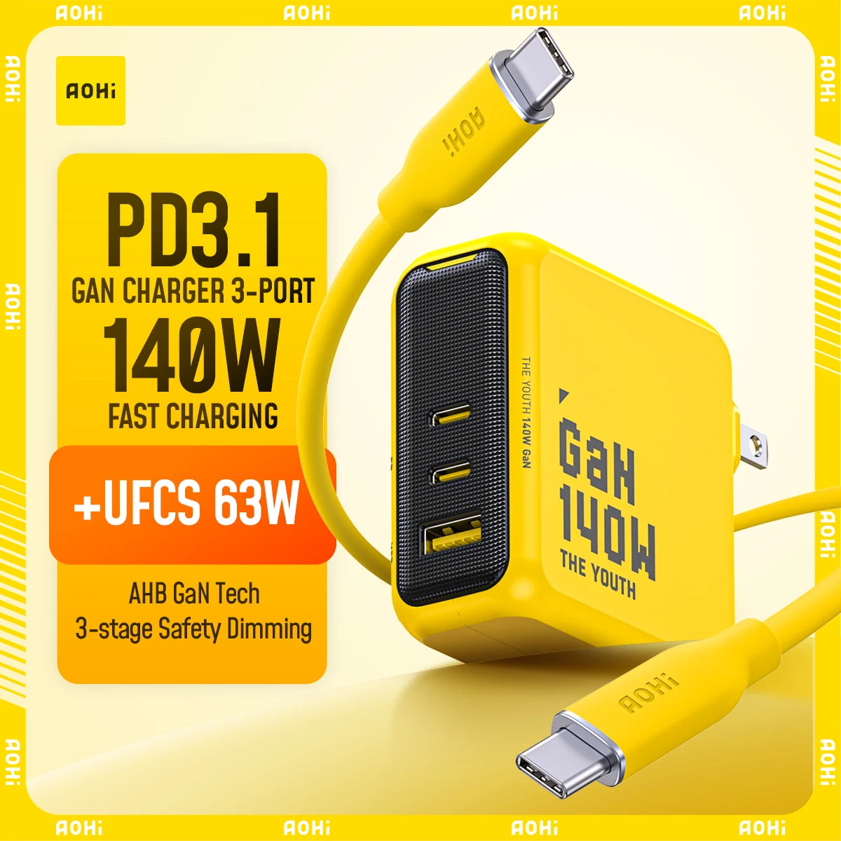 AOHI Youth 140W GaN 3-Port USB-C Fast Charger PD3.1 GaN USB-C Charger HIP