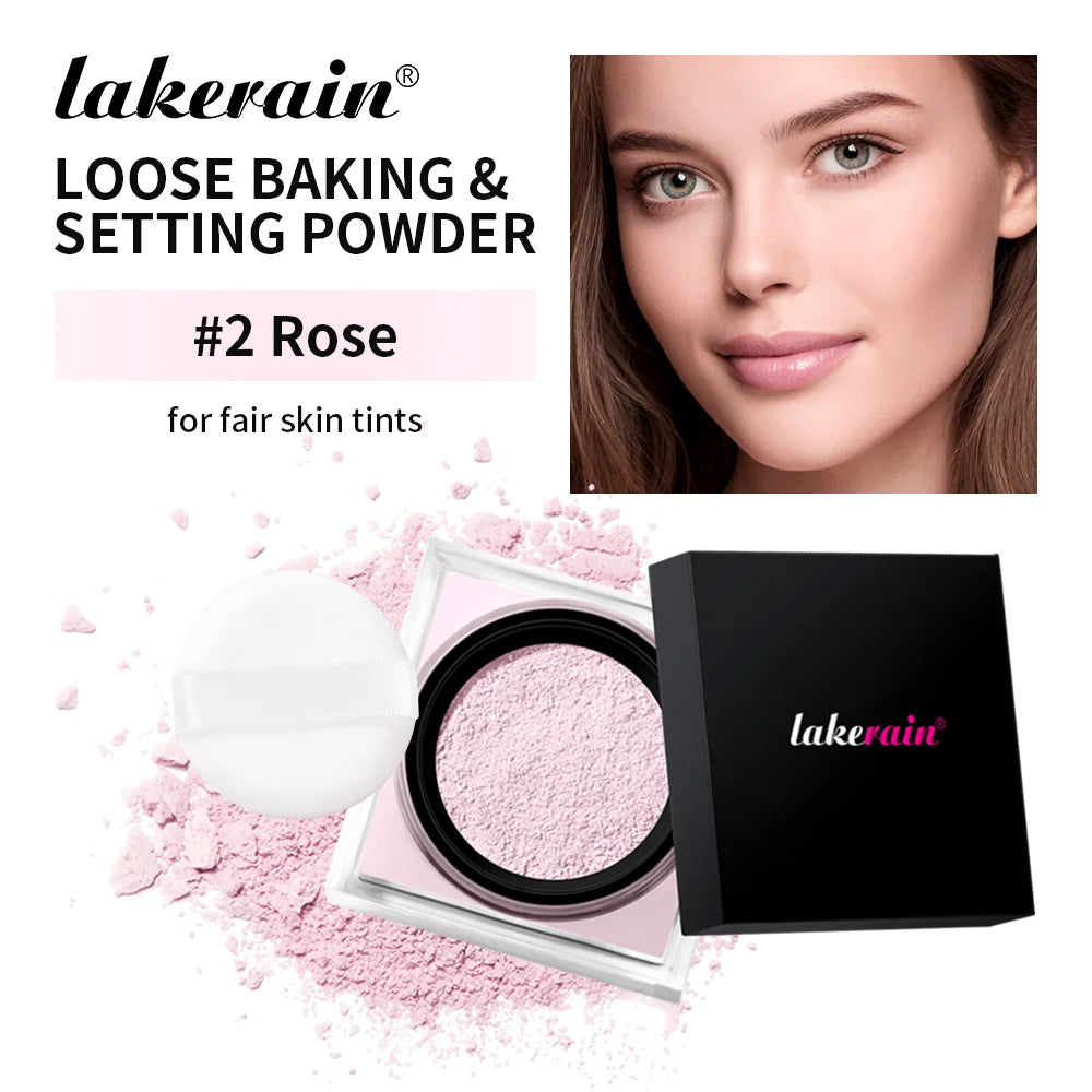 Waterproof Loose Baking&Setting Powder Long Lasting Oil Control Matte Setting Powder Natural Brightening Face Cosmetics HIP 2Rose and puff