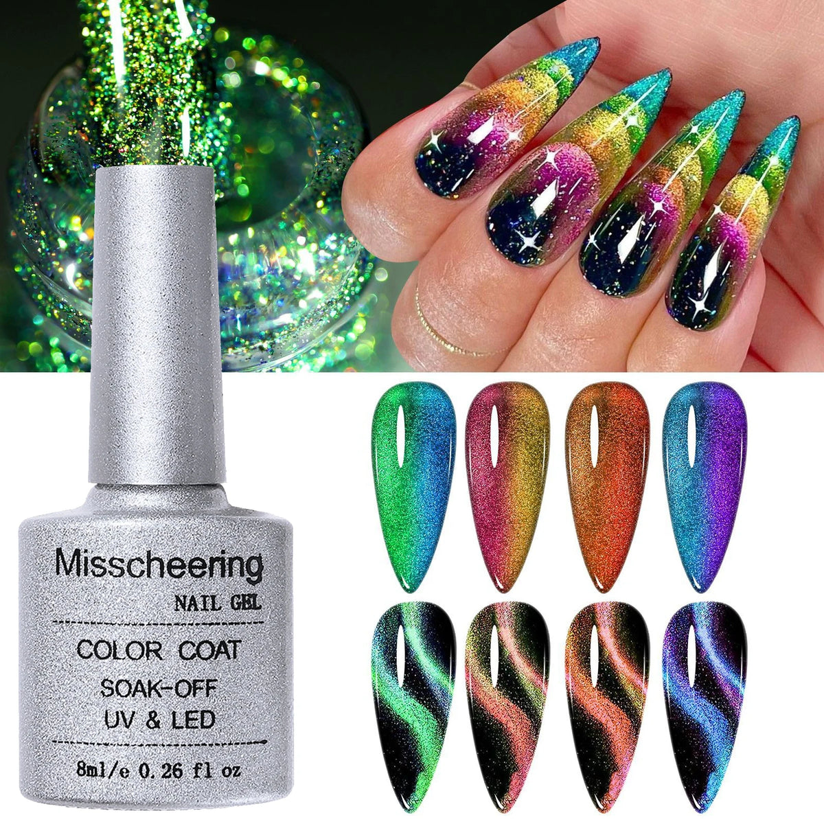 8ml 9D Chameleon Cat Magnetic Gel Nail Polish Double Color Semi Permanent UV Gel Varnish Color Changing Peacock Cat Eye Nail Gel HIP