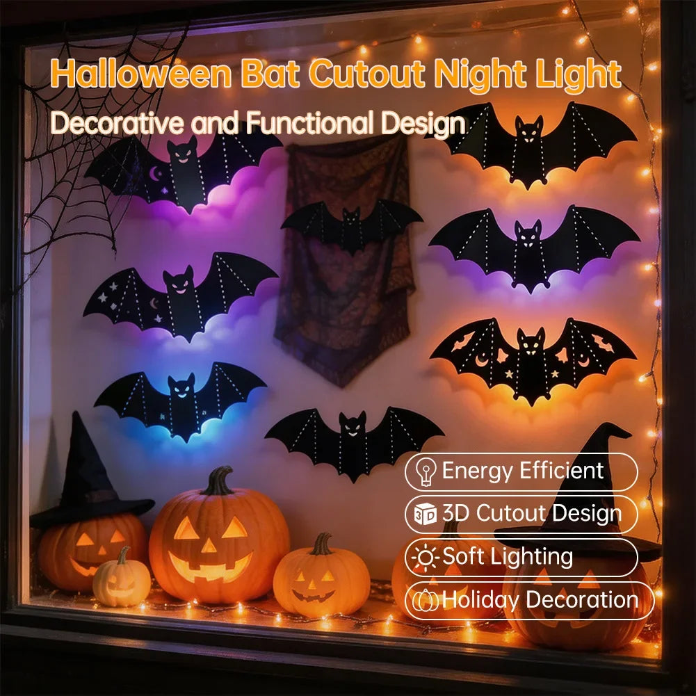 Universal Bat Wall Stickers with LED Night Light 8Pcs 3D Hollow-Out Glowing Bat Wall Sticker Halloween Party Festival Decoration HIP
