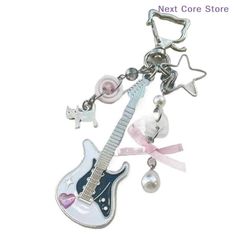 Y2K Guitar Cat Keychain – Rock Punk Pentagram Bow Pendant Fashion Keychain HIP