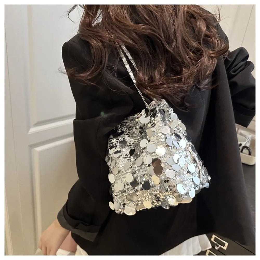 Shiny Sequin Bucket Bag – Chain Strap Crossbody | Korean Style Sequin Crossbody Bag HIP