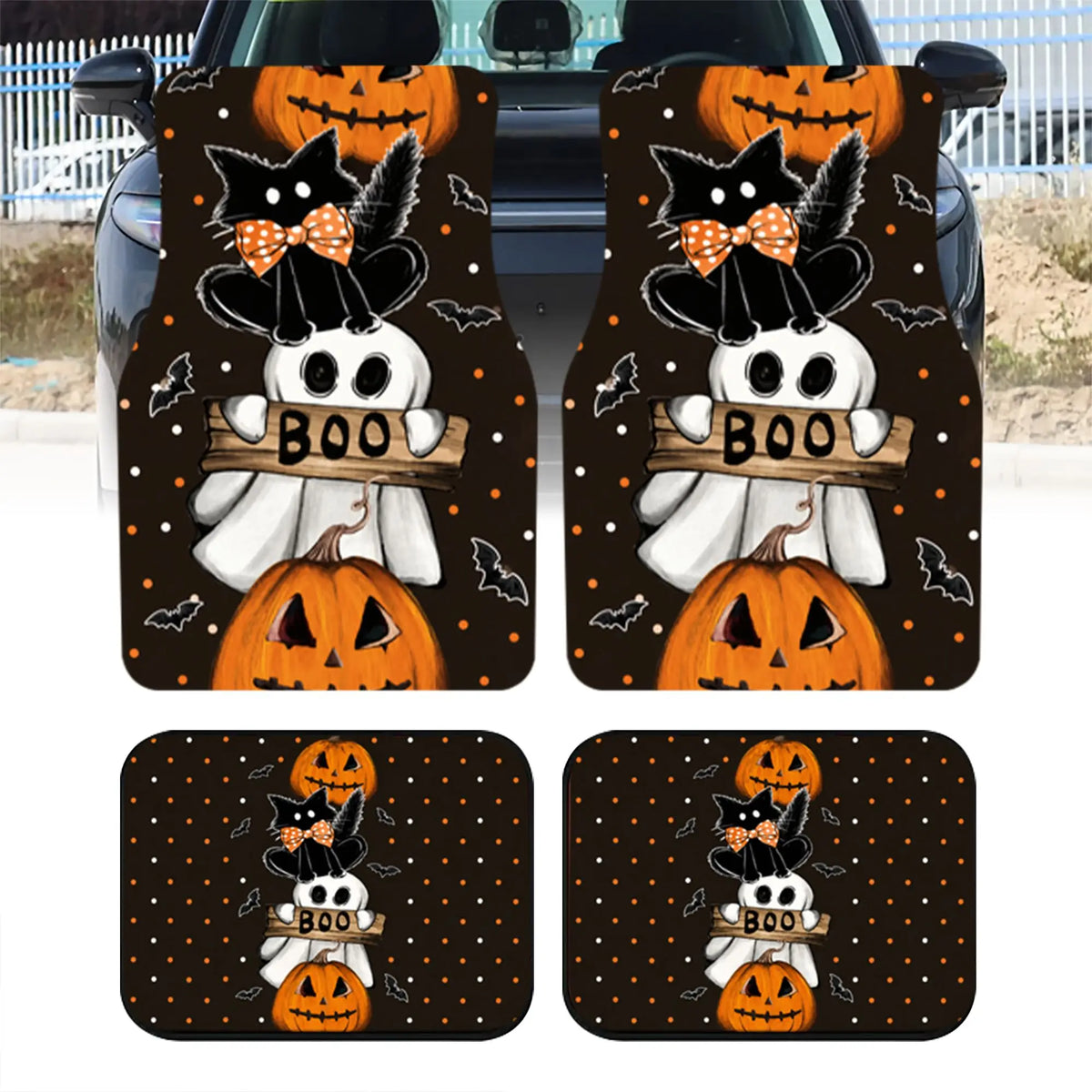 4-Piece Halloween Pumpkin & Black Cat Car Floor Mats – Universal Car Floor Mats HIP WHITE