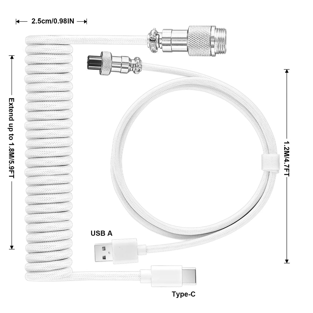 Coiled Type-C to USB-A Keyboard Cable | Metal Aviator Connector Keyboard Cable HIP