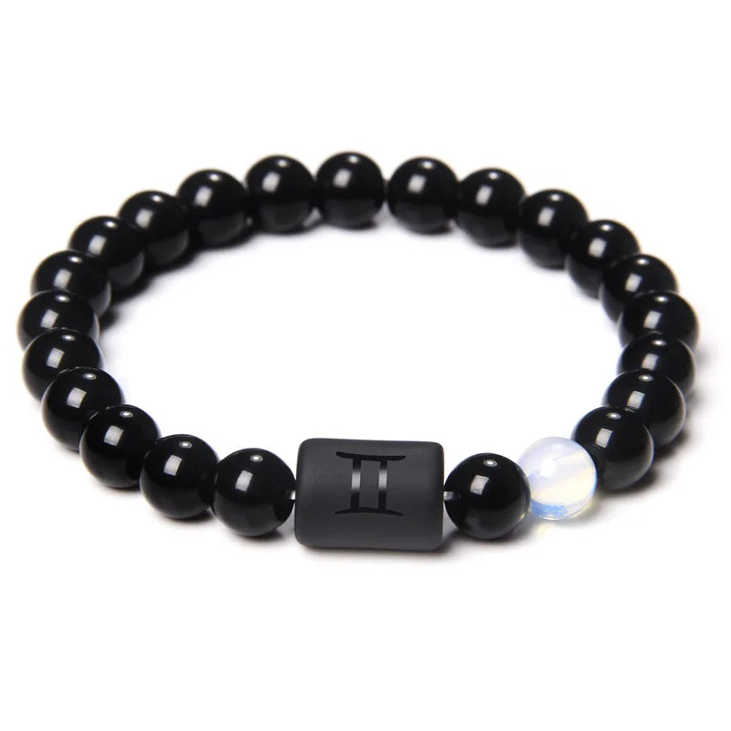 12 Constellation Zodiac Signs Beads Couples Bracelet Natural Black Onyx Stone Elastic Charm Bracelet for Women Men Birthday Gift HIP Gemini