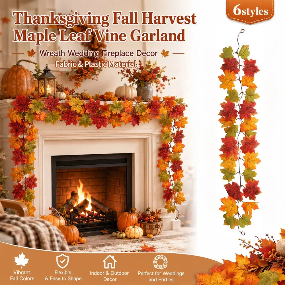 1/1.7M Artificial Maple Leaf Vine Flower Wreath Autumn Harvest Decor Halloween Wall Outdoor Door Window Decor Home Decor Garden HIP