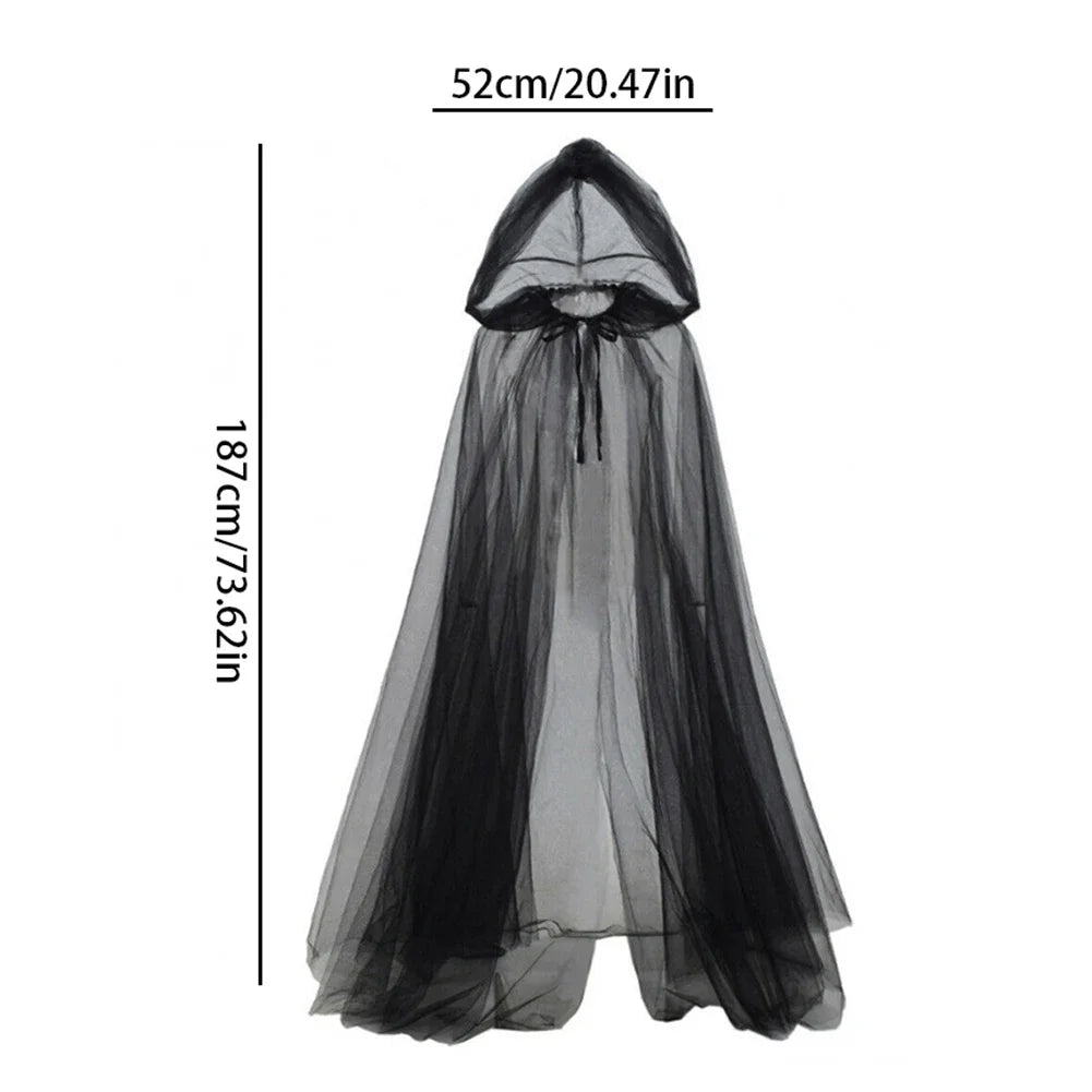 1Pc Halloween Grim Reaper Cloak with Hood Gothic Victorian Witch Costume Long Cape Sheer Mesh Elegant Gothic Party Cosplay Ghost HIP