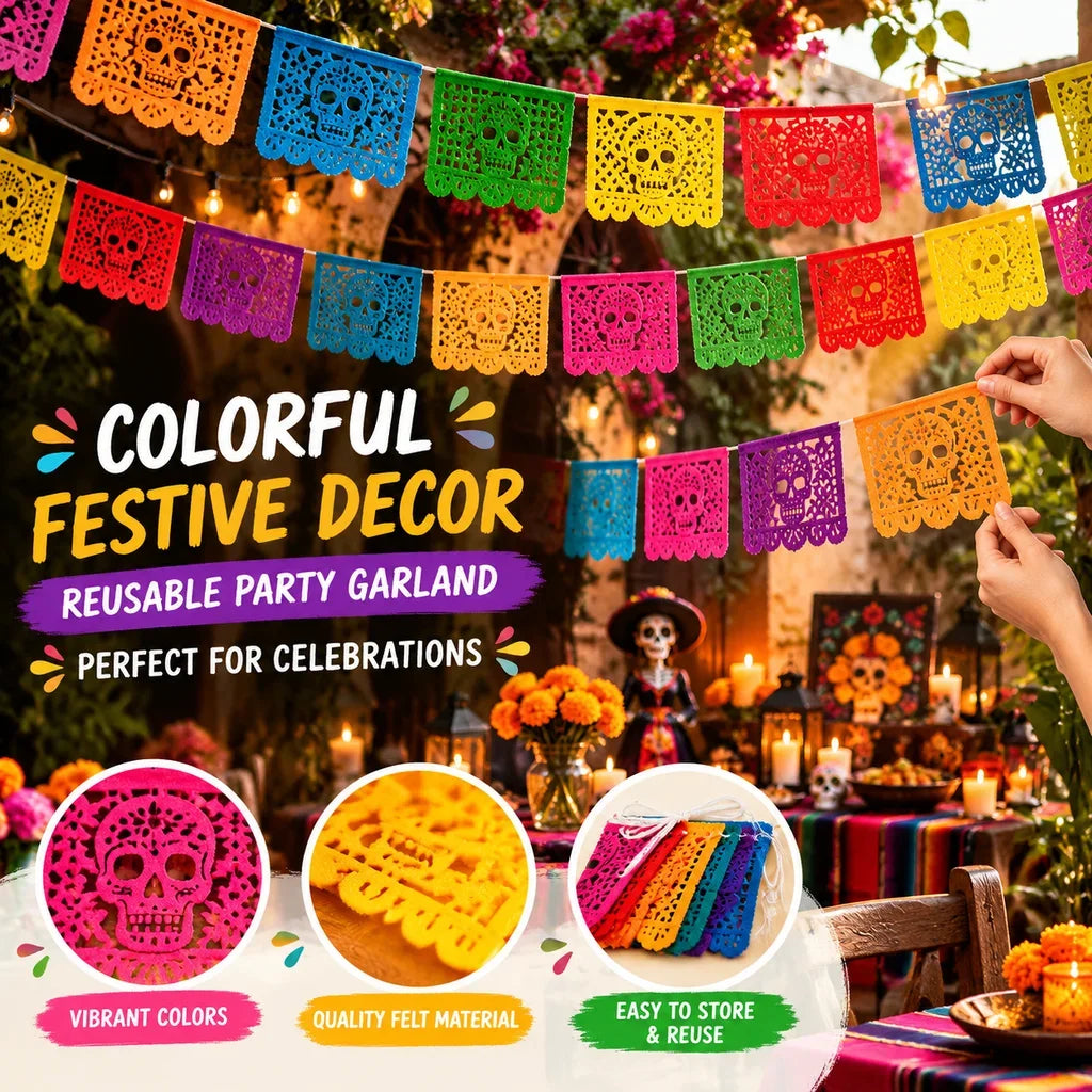 Reusable Day of the Dead Decor Banner Creative Colorful Skull Marigold Style Felt Banners Party Festival Garland Banner Ornament HIP