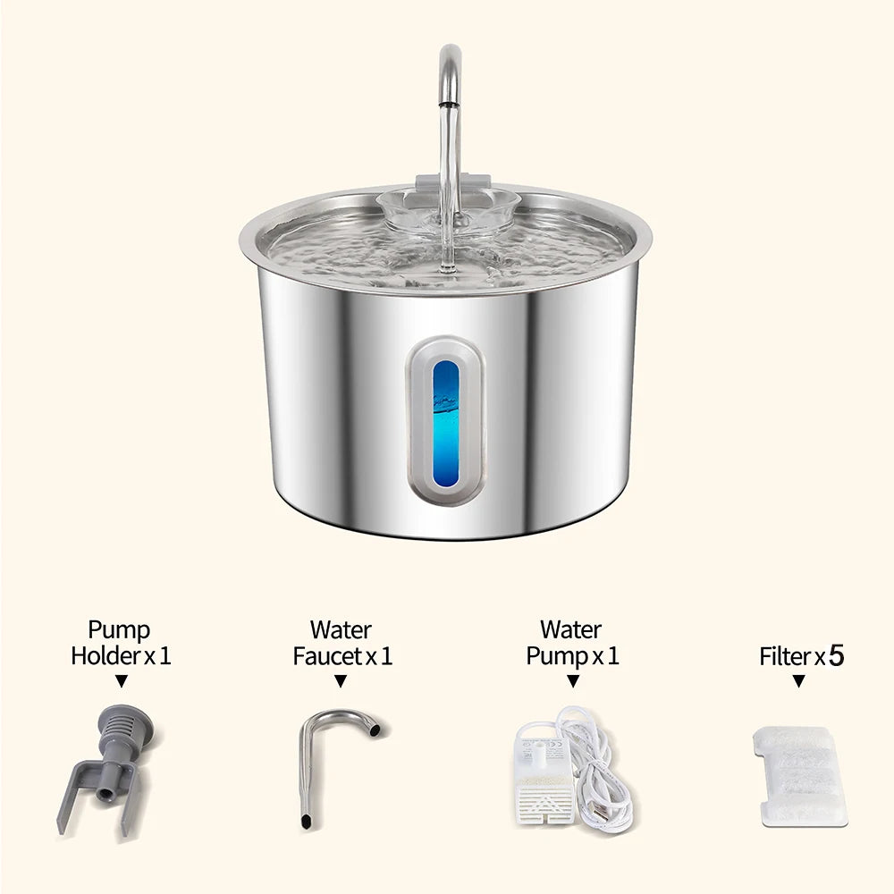 2.2L Stainless Steel Cat Water Fountain,Pet Water Dispenser With Filter,Dog Drinking Fountain For Cats,Ultra Quiet Water Pump HIP 1set-5filter 2.2L