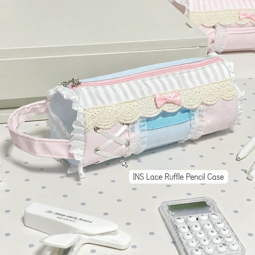 Lace Ruffle Pencil Case – Large Capacity Stationery Pouch Pencil Case HIP Blue Pink