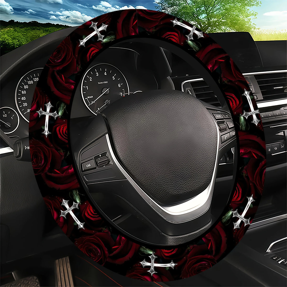 Rose & Cross Steering Wheel Cover – Cars, SUVs & Trucks Steering Wheel Cover HIP black