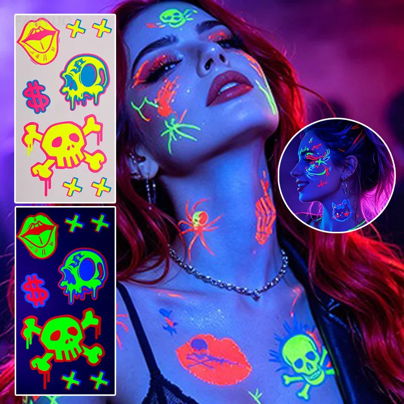 Neon Glow UV Temporary Tattoo Stickers Waterproof Halloween Skeleton Love Heart Spider Butterfly Face Body Tattoo Carnival Party HIP W-2014